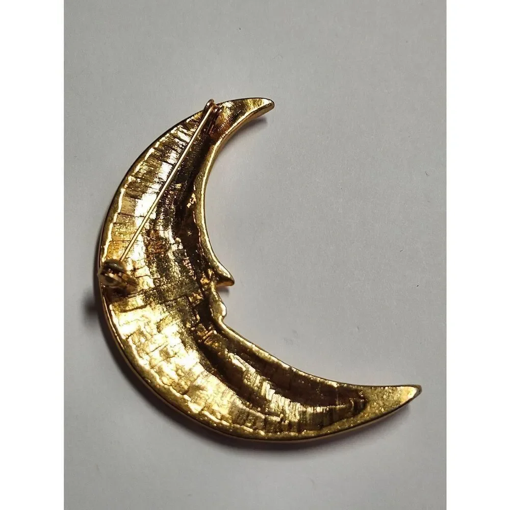 Gold Tone Crescent Moon Face Brooch Matte Front